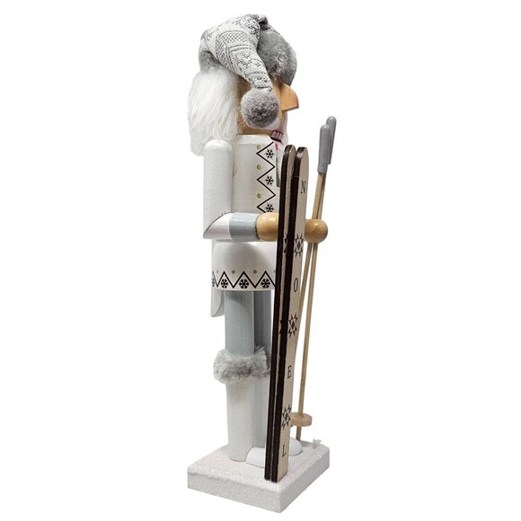 Male Skier with Noel Skis Gray Knit Hat, Ski Poles 14" Christmas Nutcracker - Picture 2 of 4